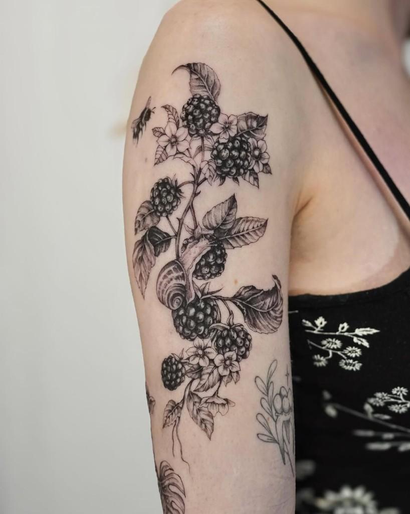 Black and grey botanical blackberry tattoo by fairies.and.goblins